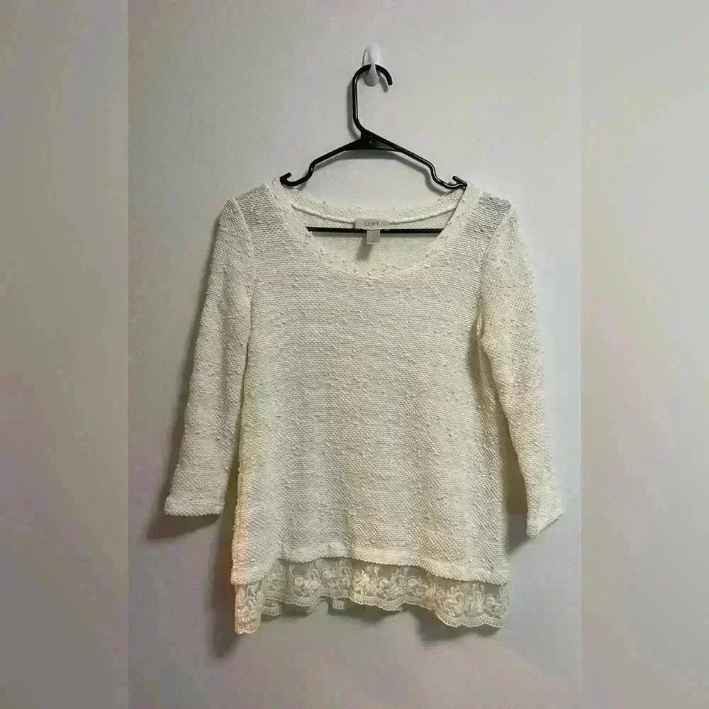 LOFT - Women’s Cream Lightweight Popcorn Knit Layer‎ Lace Top - Size S